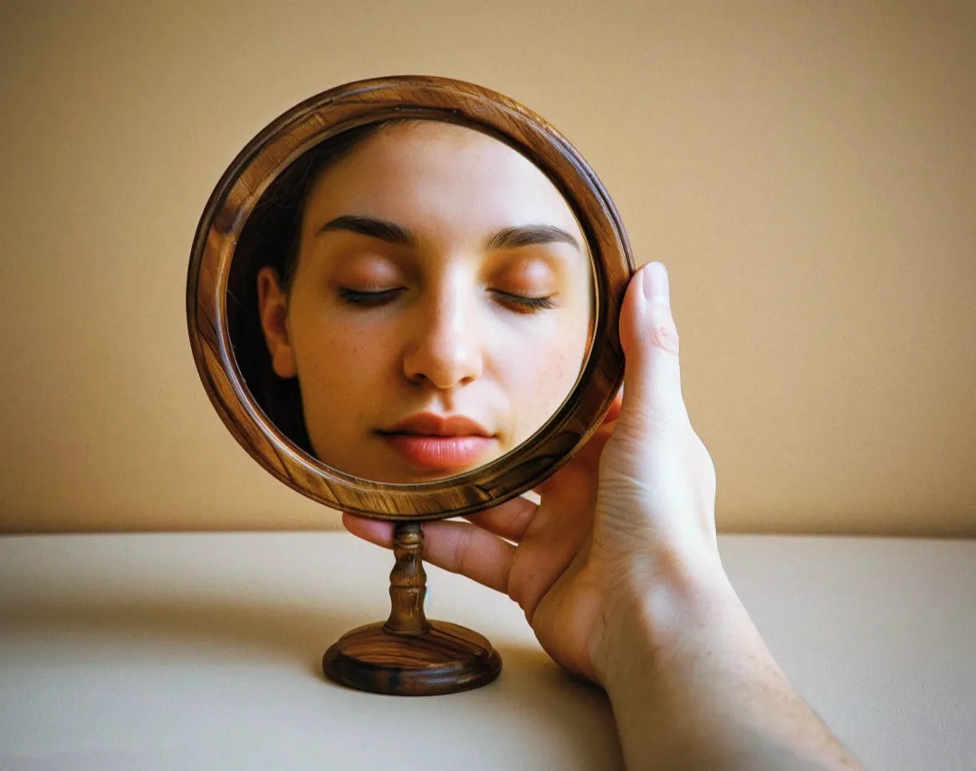 Un miroir avec le visage d'une femme les yeux fermés