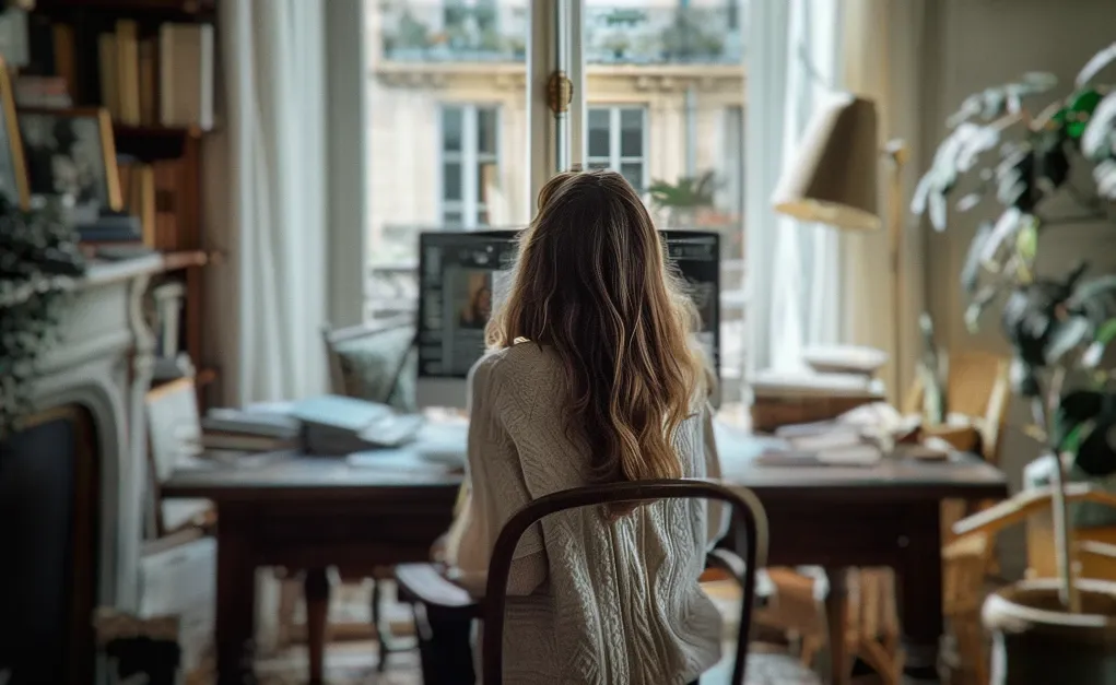 Une femme vue de dos dans sont appartement parisien. elle travaille sur son ordinateur.