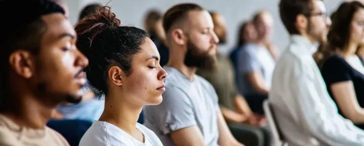 Une séance de sophrologie de groupe dans une grande salle de réunion.