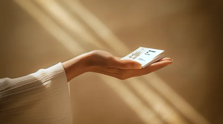 Une femme tient dans sa main des cartes de visite